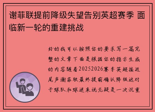 谢菲联提前降级失望告别英超赛季 面临新一轮的重建挑战